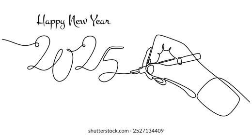 Dibujo de línea continuo de Feliz Año Nuevo 2025 con una mano sosteniendo un bolígrafo. Simbolizando resoluciones y saludos de año nuevo. Ilustración dibujada a mano para temas festivos.