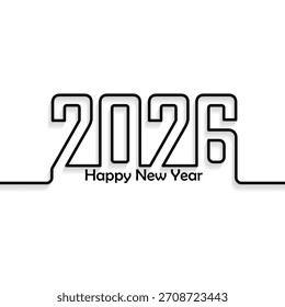 Dibujo de línea continua de tipografía feliz del año Nuevo 2026 sobre fondo blanco