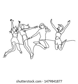  Continuous line, drawing of happy Office workers jumping 