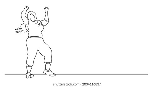 continuous line drawing of happy oversize woman standing hands up cheering body positivity