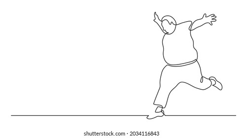 continuous line drawing of happy oversize man running cheering with body positivity