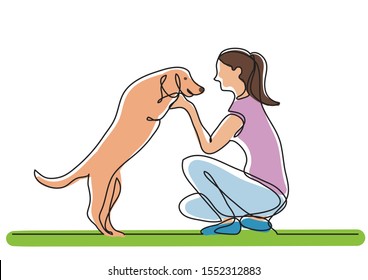 continuous line drawing of happy pet lover with dog