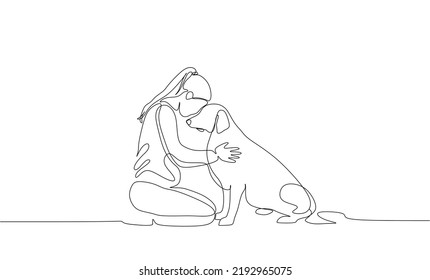 continuous line drawing of happy pet lover with dog