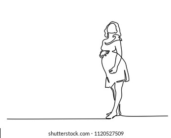 Continuous Line Drawing. Happy Pregnant Woman, Silhouette Picture. Vector Illustration