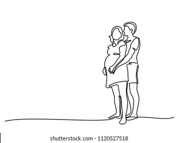 Continuous line drawing. Happy pregnant woman walking with her husband, silhouette picture. Vector illustration
