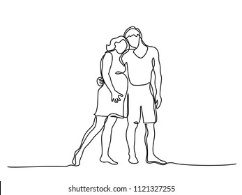 Continuous line drawing. Happy pregnant woman walking with her husband, silhouette picture. Vector illustration