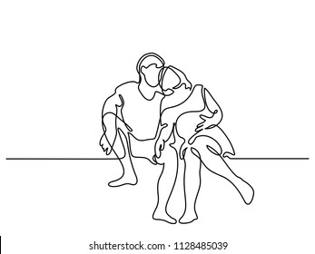 Continuous line drawing. Happy pregnant woman sitting with her husband, silhouette picture. Vector illustration