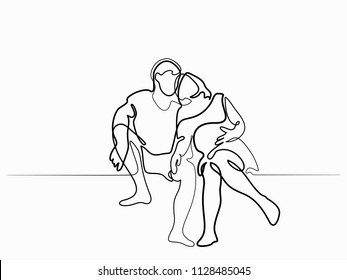 Continuous line drawing. Happy pregnant woman sitting with her husband, silhouette picture. Vector illustration