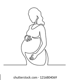 Continuous line drawing. Happy pregnant woman, silhouette picture. Vector illustration