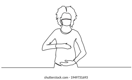 Continuous line drawing. Happy pregnant woman in protective mask, silhouette picture. Vector illustration. Continuous line drawing of Happy pregnant woman, silhouette picture of mother.