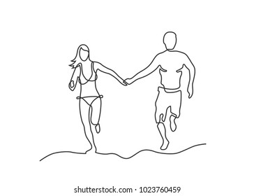 Continuous line drawing of happy running couple. Vector illustration.