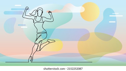 continuous line drawing of happy running athlete woman