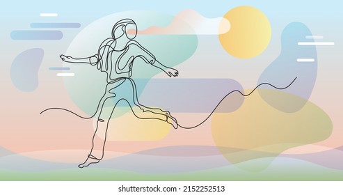 continuous line drawing of happy running woman