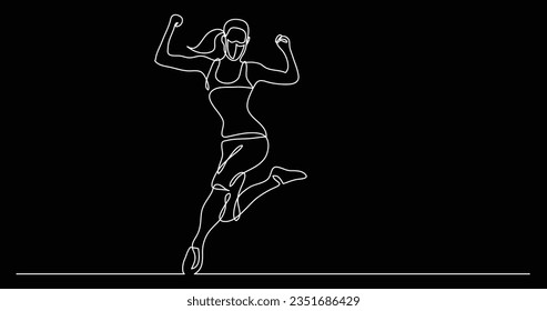 continuous line drawing of happy running athlete woman wearing face mask