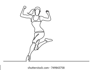 continuous line drawing of happy running athlete woman