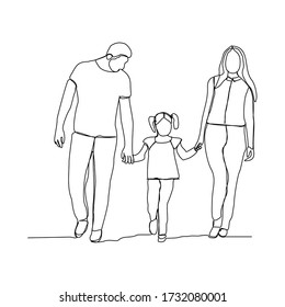 Continuous line drawing of happy small family dad, mom, and child. Vector illustration