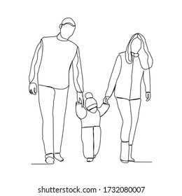Continuous line drawing of happy small family dad, mom, and child. Vector illustration