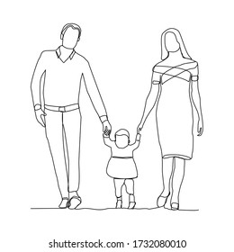 Continuous line drawing of happy small family dad, mom, and child. Vector illustration