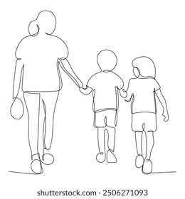 Continuous line drawing of happy small family mom and child.