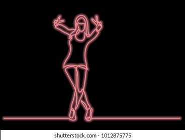 continuous line drawing of happy standing woman showing victory sign with neon vector effect