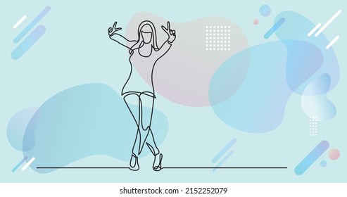 continuous line drawing of happy standing woman showing victory sign