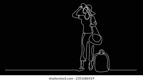 continuous line drawing of happy standing woman traveler with baggage wearing face mask