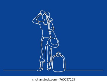continuous line drawing of happy standing woman traveler with baggage