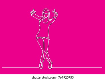 continuous line drawing of happy standing woman showing victory sign