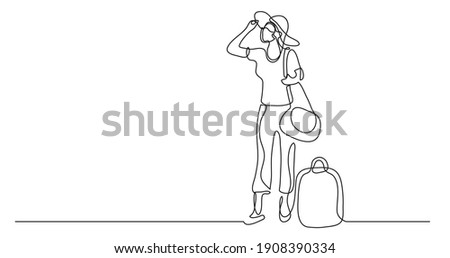 continuous line drawing of happy standing woman traveler with baggage wearing face mask