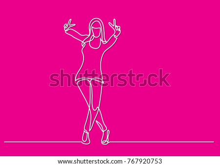 continuous line drawing of happy standing woman showing victory sign