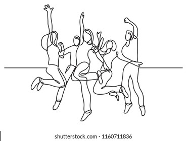 continuous line drawing of happy teenagers jumping