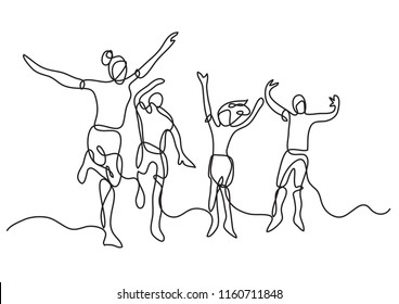 continuous line drawing of happy teenagers jumping and having fun at beach