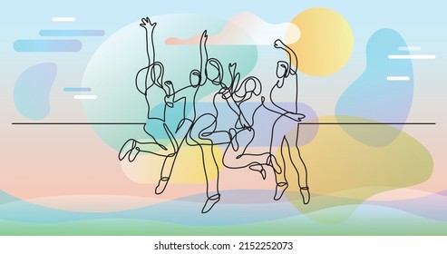 continuous line drawing of happy teenagers jumping