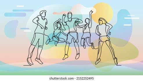 continuous line drawing of happy teenagers jumping and having fun