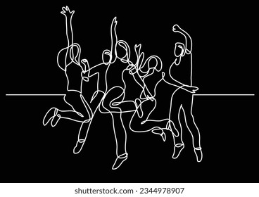 continuous line drawing of happy teenagers jumping