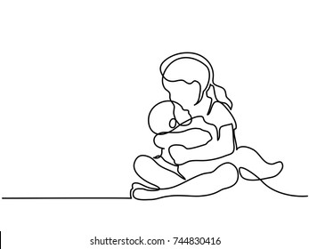 Continuous line drawing. Happy toddler girl playing with her newborn baby brother. Vector illustration