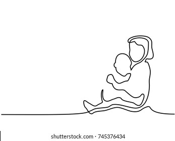 Continuous line drawing. Happy toddler girl playing with her newborn baby brother. Vector illustration