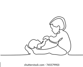 Continuous line drawing. Happy toddler girl playing with her newborn baby brother. Vector illustration