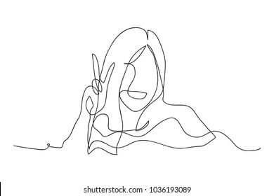 continuous line drawing happy woman holding two finger vector illustration