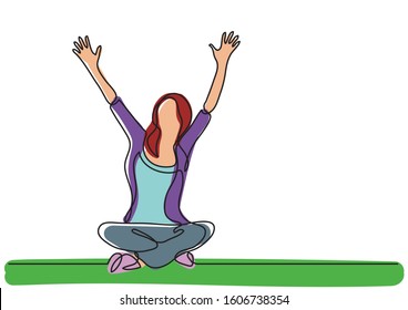 continuous line drawing of happy woman sitting in lotus pose waving