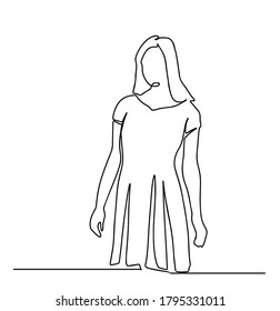 continuous line drawing of happy woman posing in dress. One single line drawing of young model woman take a pose. A girl with long hair and wearing mini dress. Standing woman gesture concept isolated.
