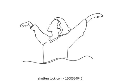 Continuous line drawing of happy woman raising hands. Continuous line art or one line drawing of a woman stretching arms relaxing picture vector illustration. concept of freedom. Beautiful woman.