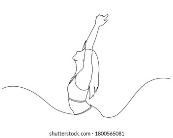 Continuous line drawing of happy woman raising hands. Continuous line art or one line drawing of a woman stretching arms relaxing picture vector illustration. concept of freedom. Beautiful woman.