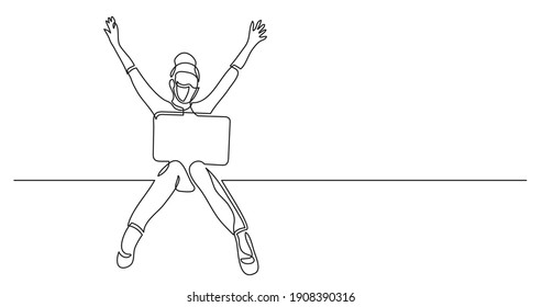 continuous line drawing of happy woman sitting with laptop wearing face mask