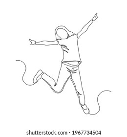 Continuous line drawing of happy woman girl children dancing and jumping. Single one line childhood vector illustration. 