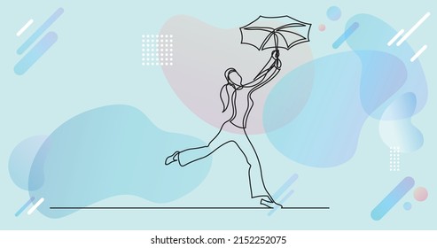 continuous line drawing of happy woman dancing with umbrella