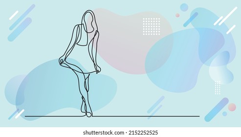 continuous line drawing of happy woman posing in dress