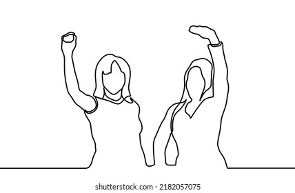 Continuous line drawing of happy woman raising hands. Continuous line art or one line drawing of a woman stretching arms relaxing picture vector illustration. concept of freedom. Beautiful woman.