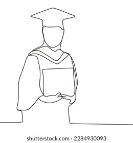 Continuous line drawing. a happy woman after graduating from college