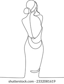 continuous line drawing of happy woman posing in dress